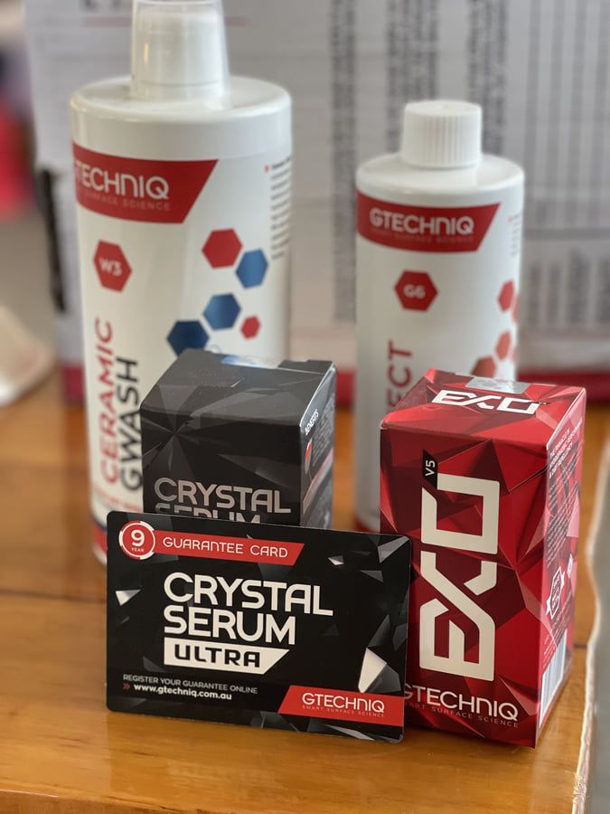 Professional-grade CSU coating alongside consumer-friendly EXO and G-wash products showing different applications