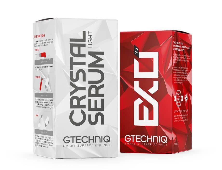 Comparison of 9H Crystal Serum Light and Exo ceramic coating bottles showing different product tiers