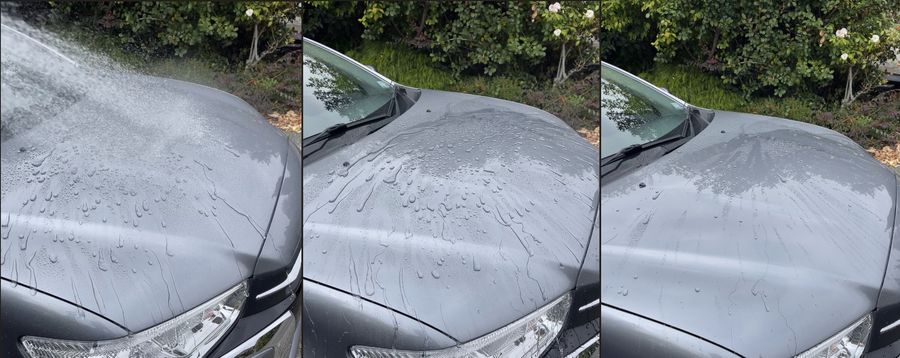 Water beading on ceramic coated paint demonstrating hydrophobic protection