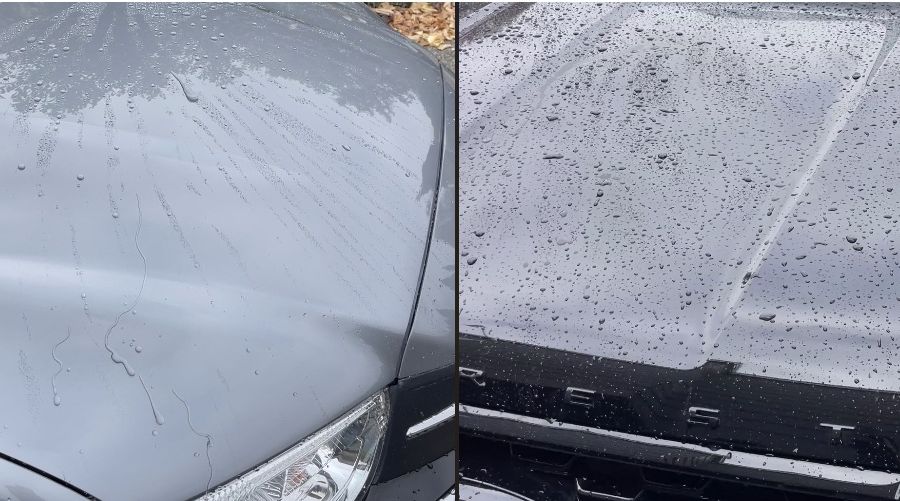Side by side comparison of water behaviour on coated and uncoated paint