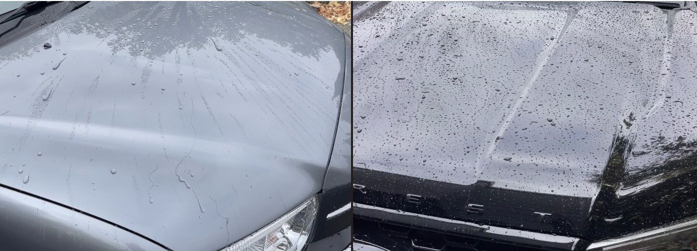Side-by-side comparison of water behaviour on a properly ceramic coated surface versus a basic sealant